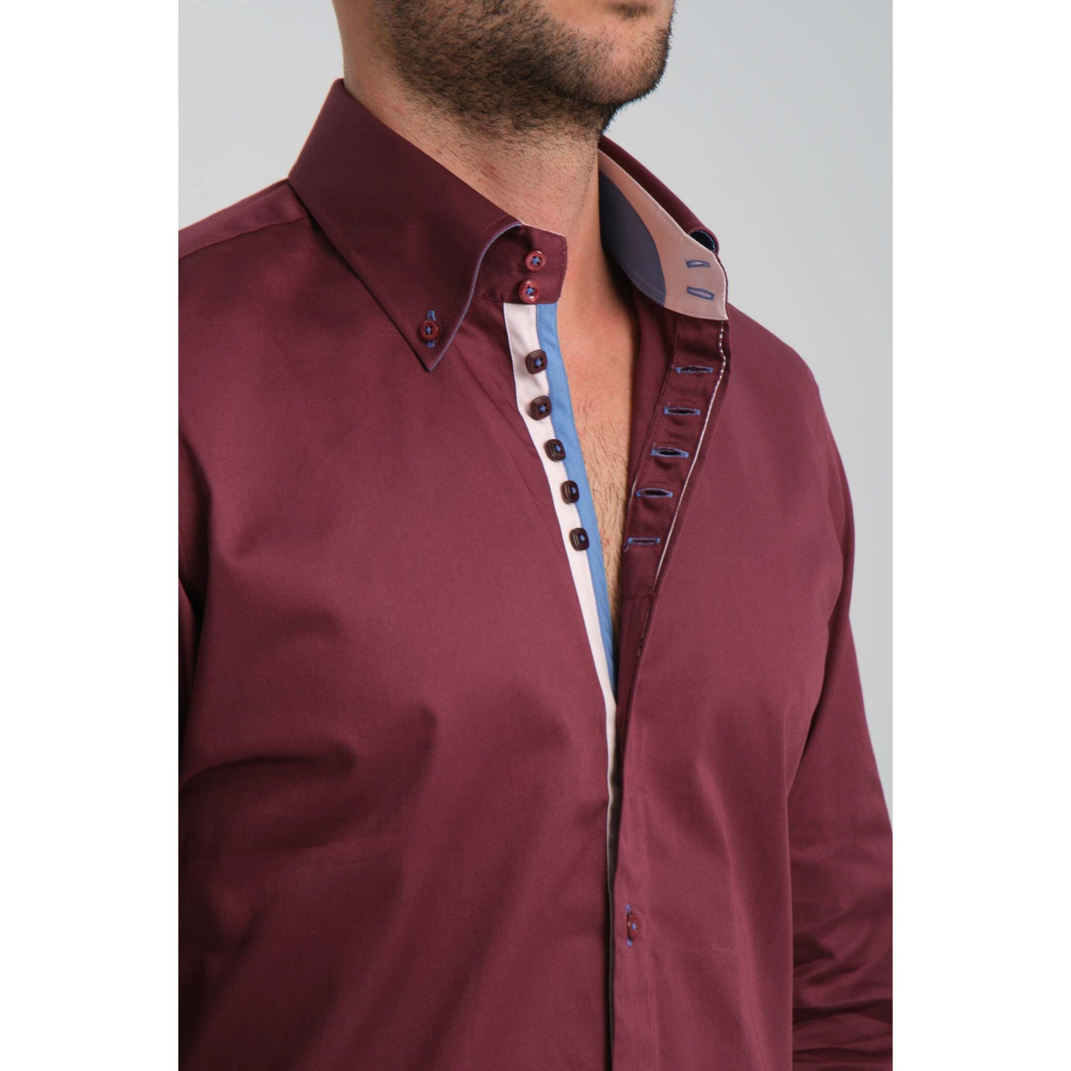 Camicia Uomo 2 Bottoni Button Down Slim Satin Unito Bordeaux