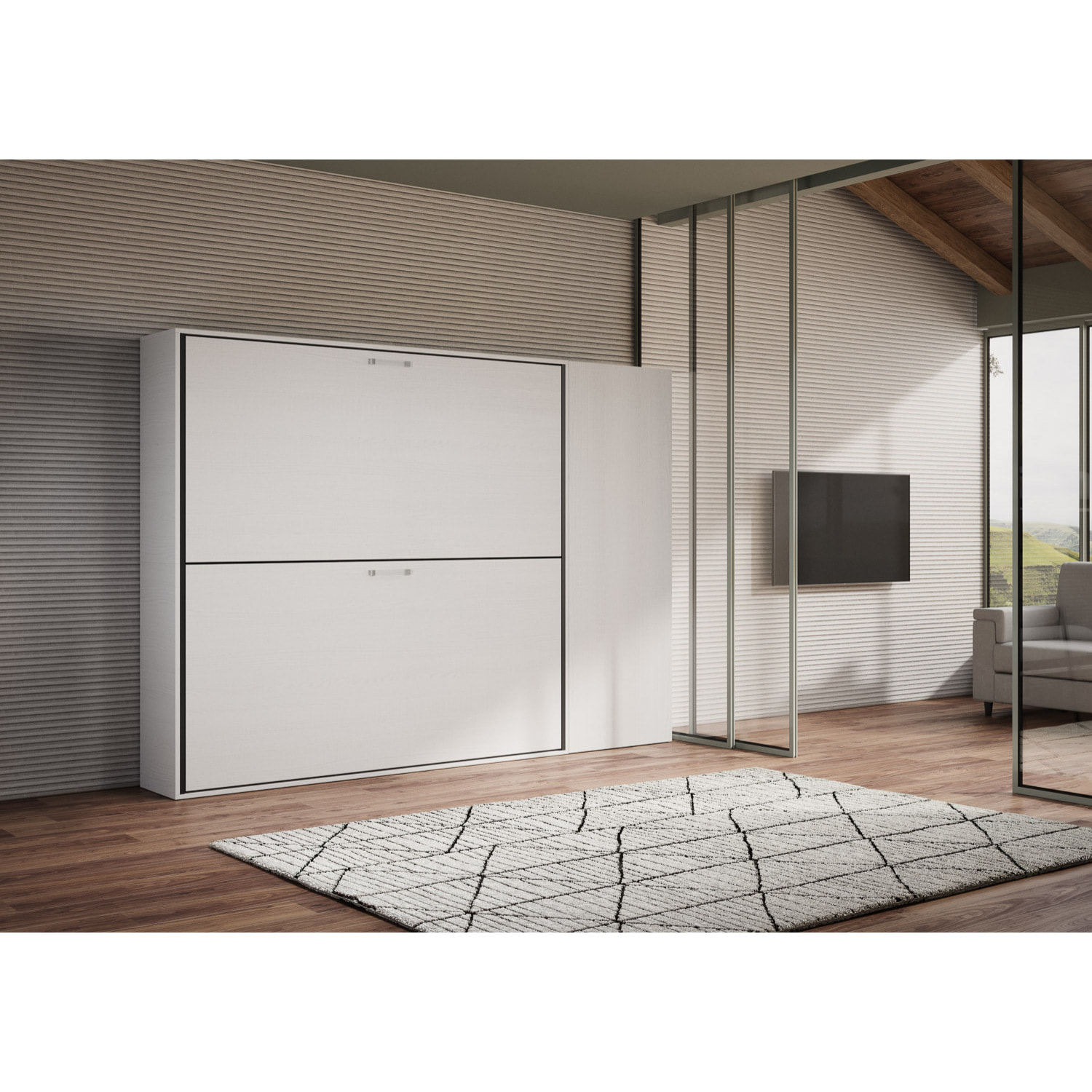 Armoire lit escamotable horizontal superposé 2 couchages 85 Kando avec matelas composition H Frêne Blanc