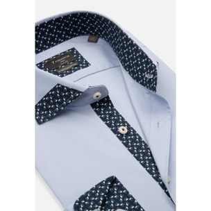 Camicia Uomo 1 Bottone Francese Slim Popeline Stretch Unito Celeste