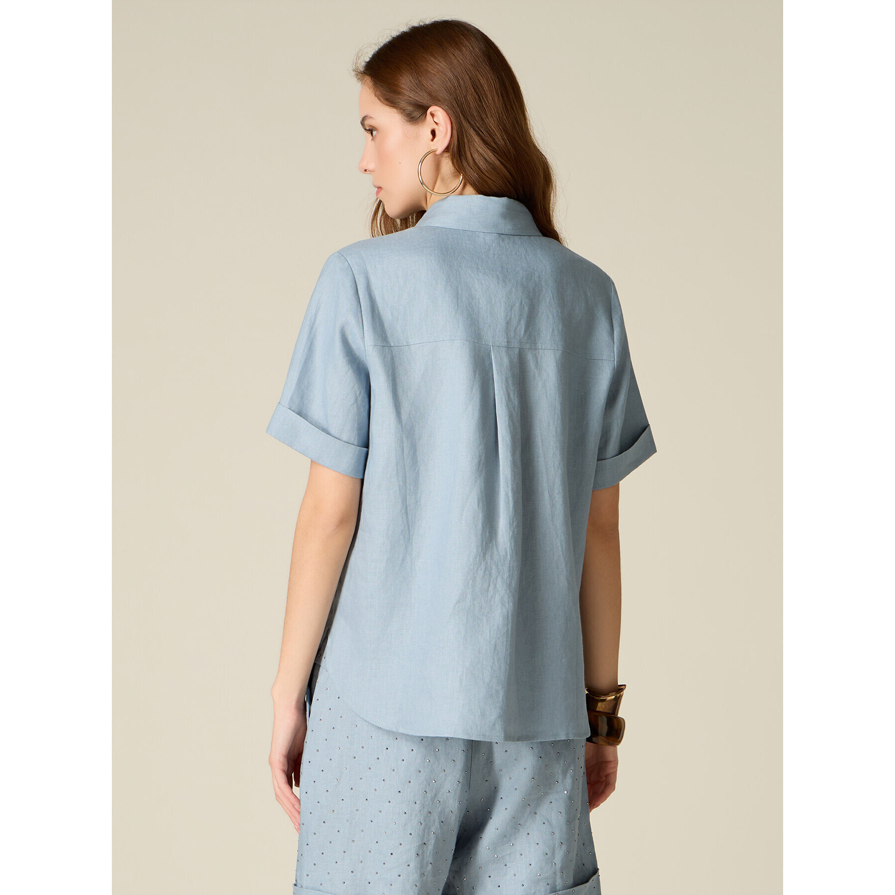 Oltre - Camicia in lino con cristalli - Azzurro