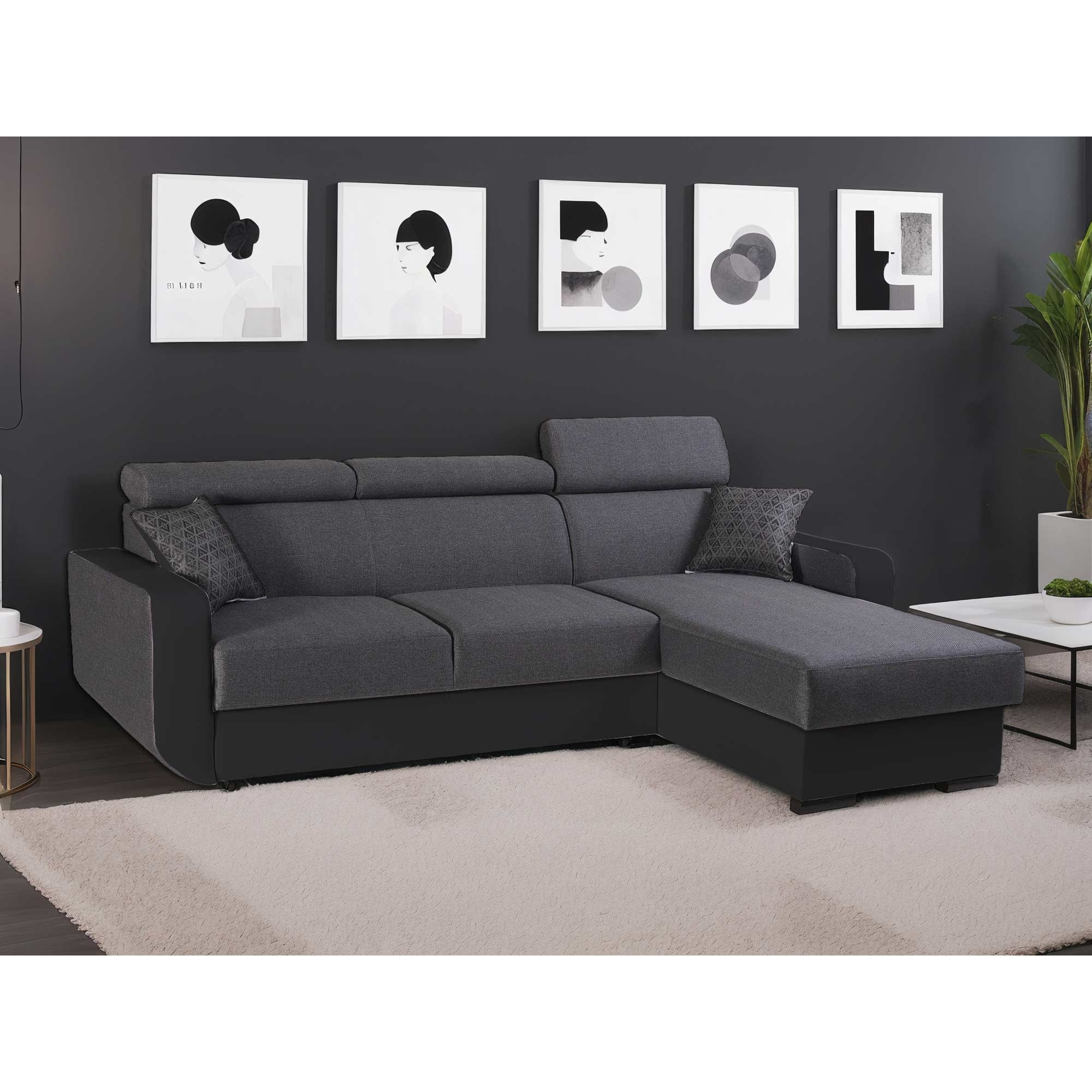 Dustin - Canapé d'angle réversible - 4 places - Convertible avec coffre - Têtières réglables - Noir / Gris