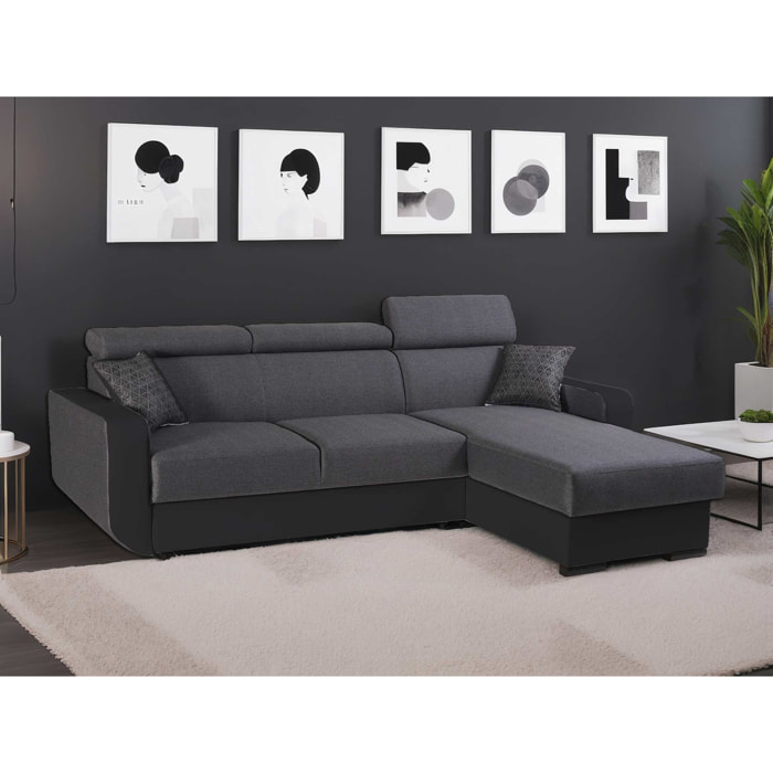 Dustin - Canapé d'angle réversible - 4 places - Convertible avec coffre - Têtières réglables - Noir / Gris