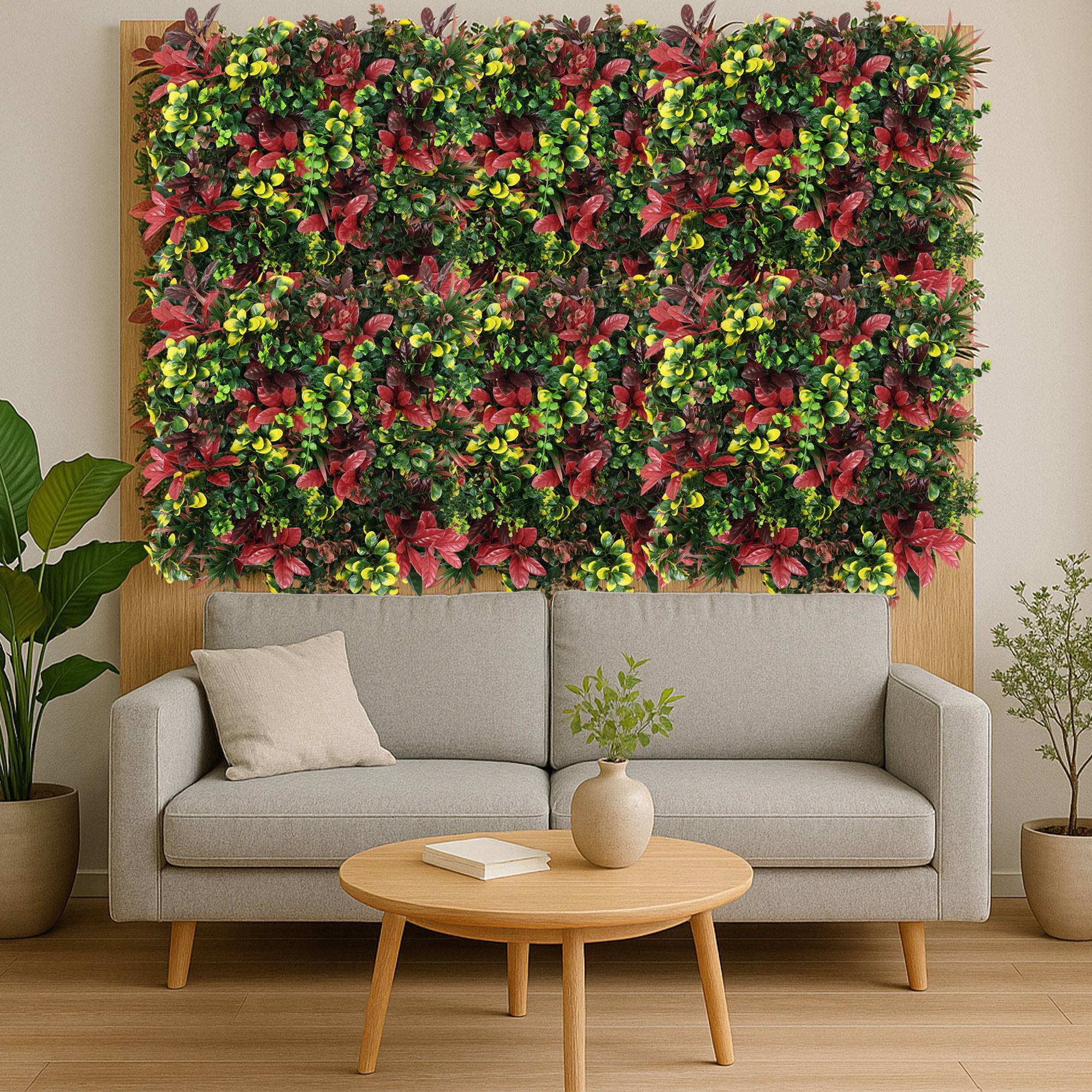 Well home jardín vertical artificial, panel de seto 100x100cm, para decoración interior y exterior en colores rojos y verdes para decoración natural