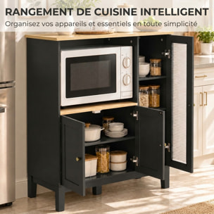 Meuble micro-ondes 3 portes niche verre trempé noir effet bois