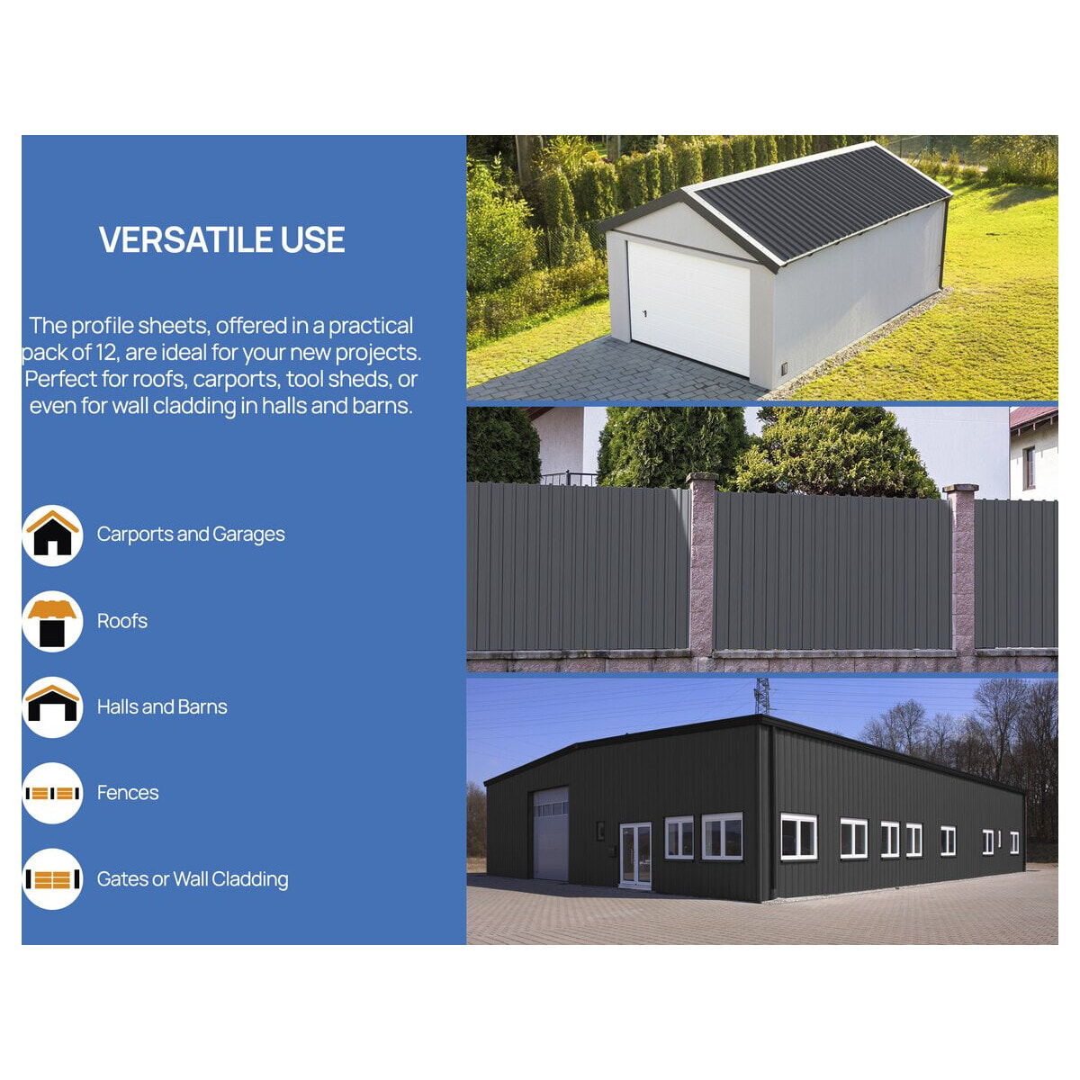 Lot de 12 tôles de bardage en acier galvanisé "Atlanta" - 129 x 42 cm - Gris