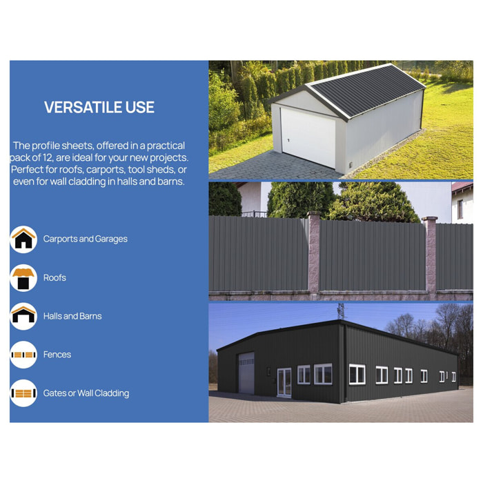 Lot de 12 tôles de bardage en acier galvanisé "Atlanta" - 129 x 42 cm - Gris