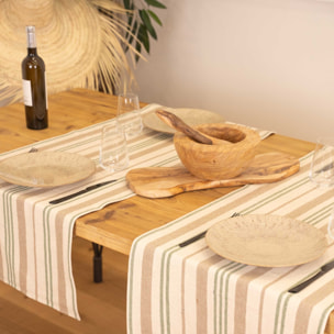 Chemin de table à rayures en coton - Vert Olive