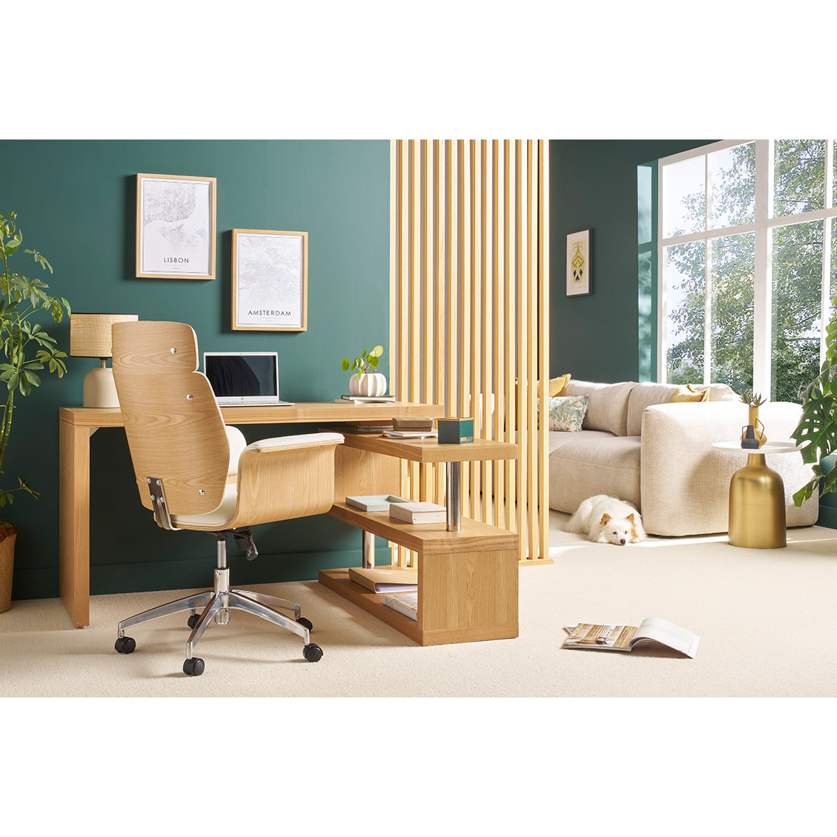 Fauteuil de bureau à roulettes design blanc, bois clair et acier chromé ELON