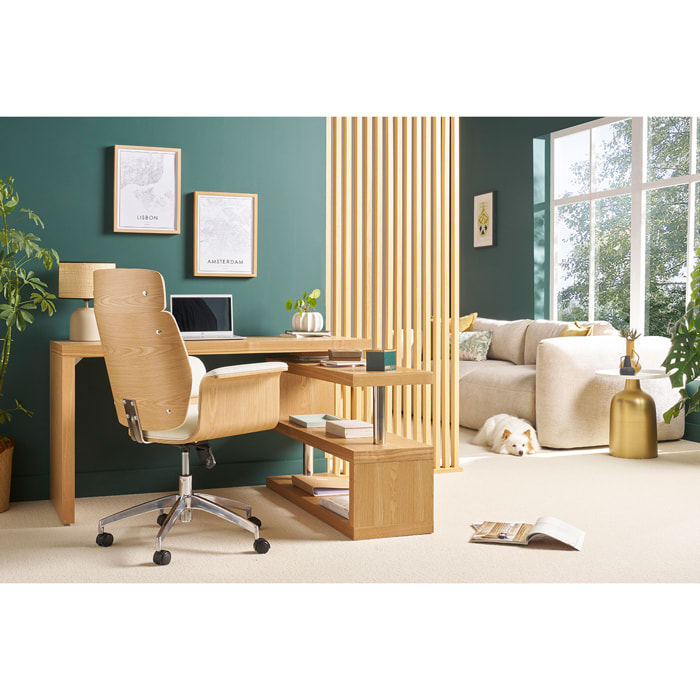 Fauteuil de bureau à roulettes design blanc, bois clair et acier chromé ELON