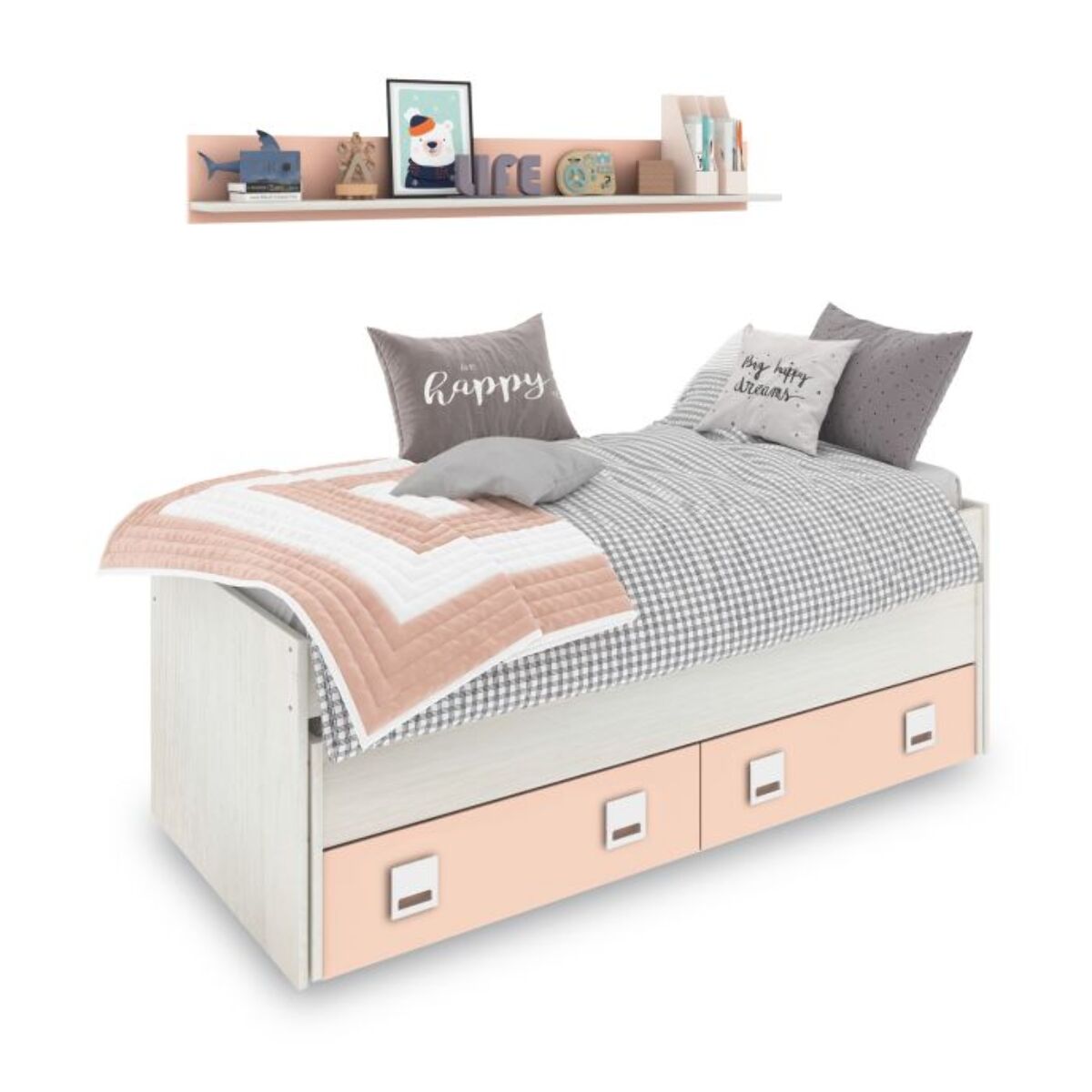 Cama doble juvenil con estante Kenia Blanco Alpes - Rosa