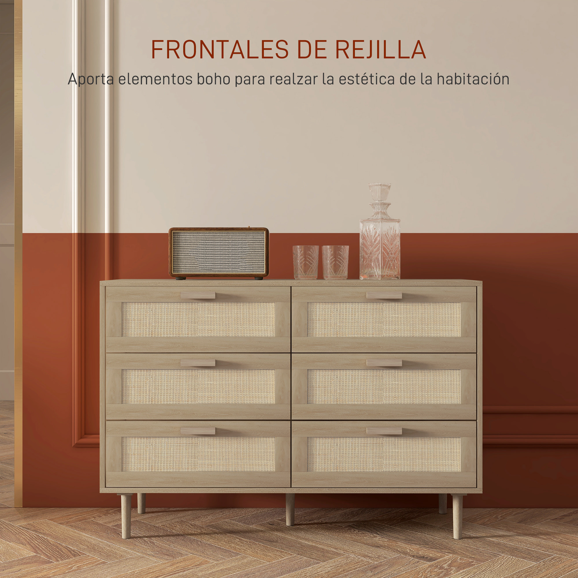 Cómoda 6 Cajones con Frontal de Ratán, Cómoda Dormitorio con Patas de Madera, Cajonera para Salón, Oficina, Estilo Bohemio, 110x40x75 cm, Roble