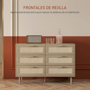 Cómoda 6 Cajones con Frontal de Ratán, Cómoda Dormitorio con Patas de Madera, Cajonera para Salón, Oficina, Estilo Bohemio, 110x40x75 cm, Roble