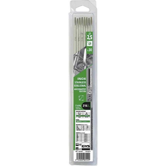 Blister de 30 électrodes GYS Inox 316L Ø2.5 mm - 081499