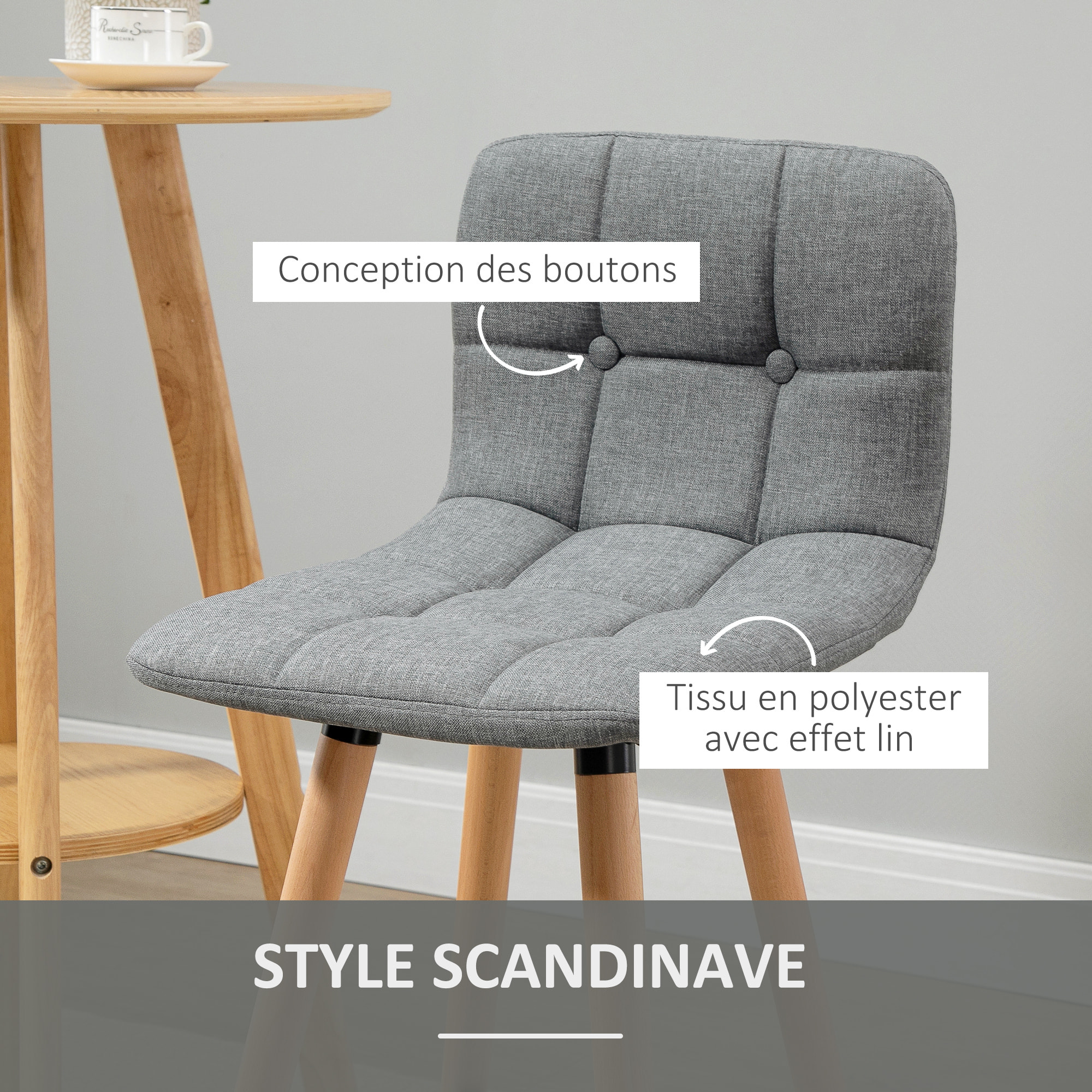 Lot de 2 tabourets de bar style scandinave effet capitonné - chaises de bar - bois effet lin gris