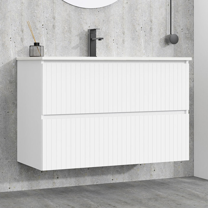 Conjunto de Baño Miya | Mueble de Baño Suspendido | 100 cm Blanco| Dos Cajones | Lavabo Encastrado | No incluye Espejo | Alday