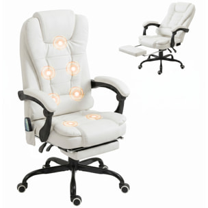 Silla de Oficina con Masaje Vibratorio de 7 Puntos, Silla de Escritorio Giratoria Reclinable con Reposapiés Retráctil, Altura Ajustable, Respaldo Alto, Control Remoto y Tejido de PU, Blanco