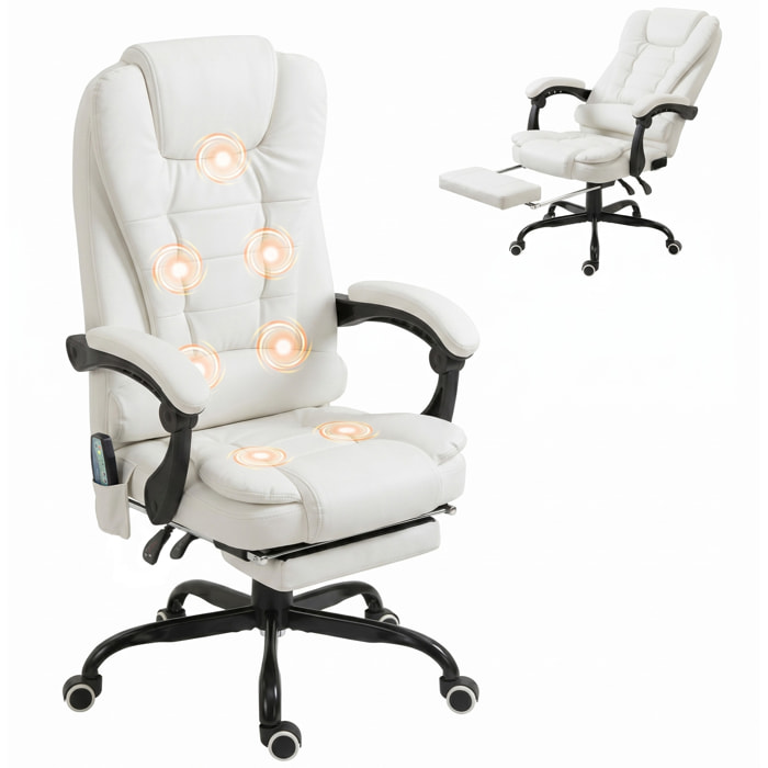 Silla de Oficina con Masaje Vibratorio de 7 Puntos, Silla de Escritorio Giratoria Reclinable con Reposapiés Retráctil, Altura Ajustable, Respaldo Alto, Control Remoto y Tejido de PU, Blanco