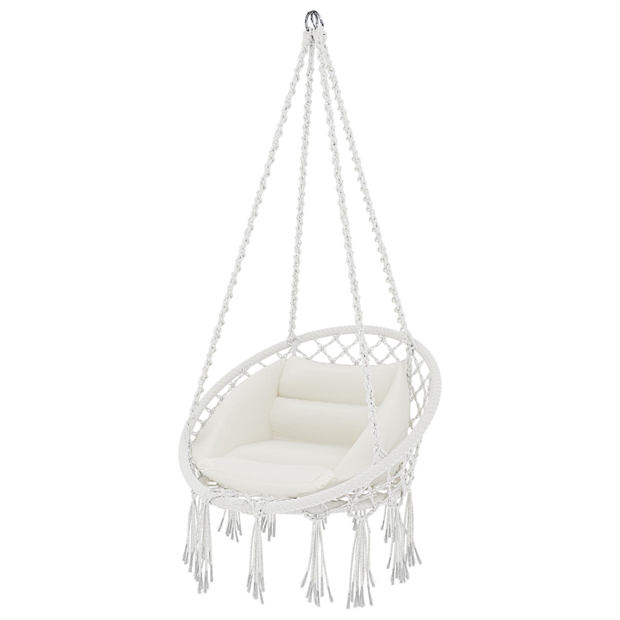 Poltrona Sospesa Pensile Da Giardino Corda In Cotone Effetto Macramè Struttura In Acciaio Cuscino Sedia Dondolo Seduta Imbottita Fino A 160 Kg Beige