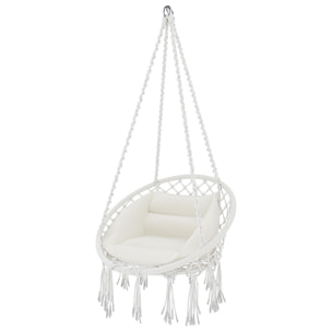 Poltrona Sospesa Pensile Da Giardino Corda In Cotone Effetto Macramè Struttura In Acciaio Cuscino Sedia Dondolo Seduta Imbottita Fino A 160 Kg Beige