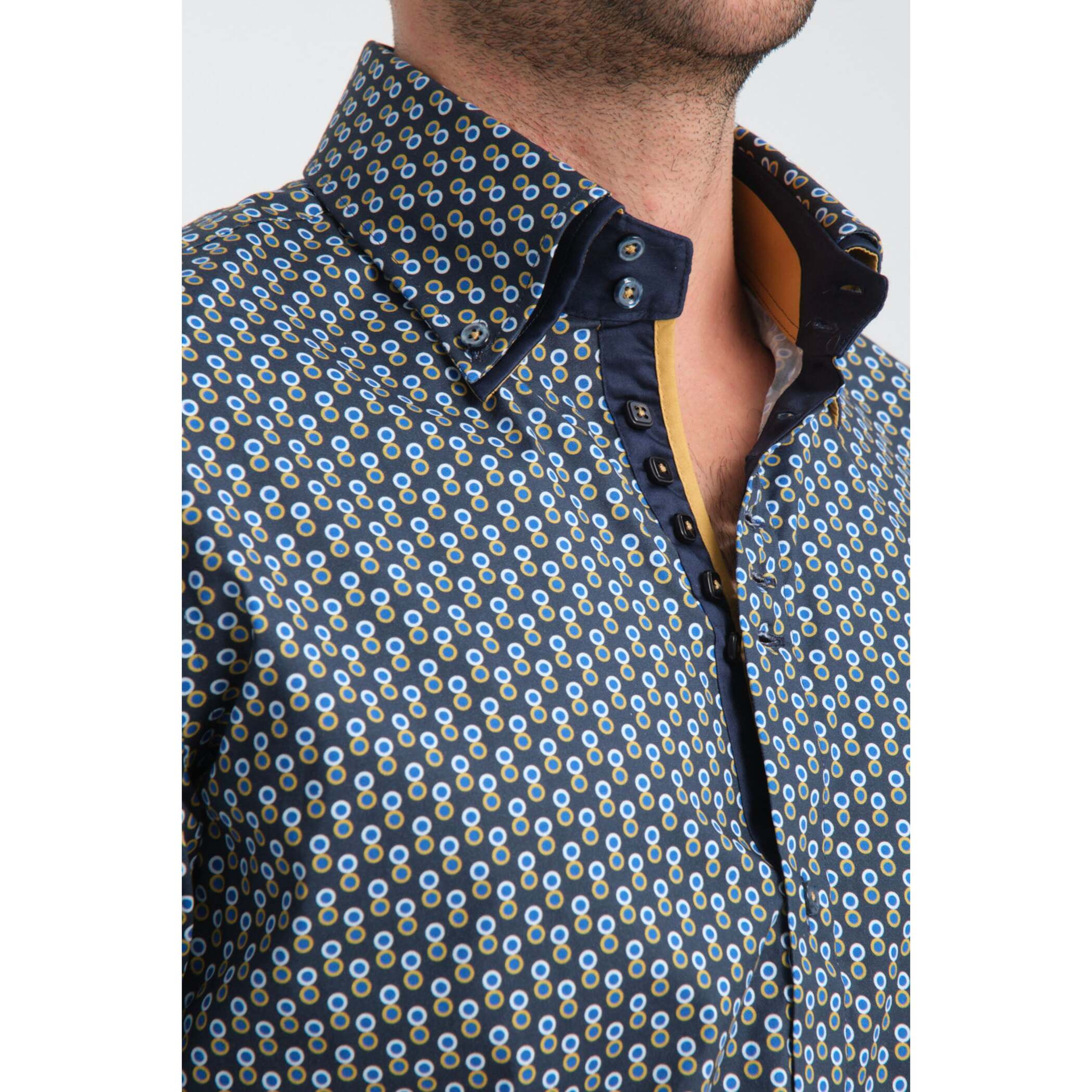 Camicia Uomo 2 Bottoni Button Down 7bottoni Doppio Coll Popeline Stretch Stampato Blu e Ocra