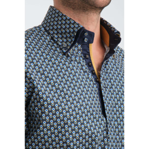 Camicia Uomo 2 Bottoni Button Down 7bottoni Doppio Coll Popeline Stretch Stampato Blu e Ocra