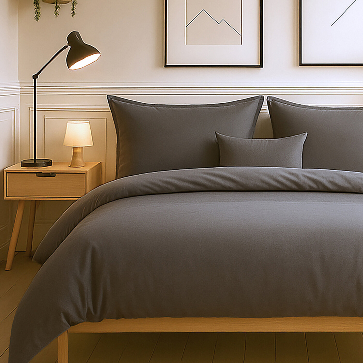Parure housse de couette + taie(s) 100% coton 57fils gris foncé