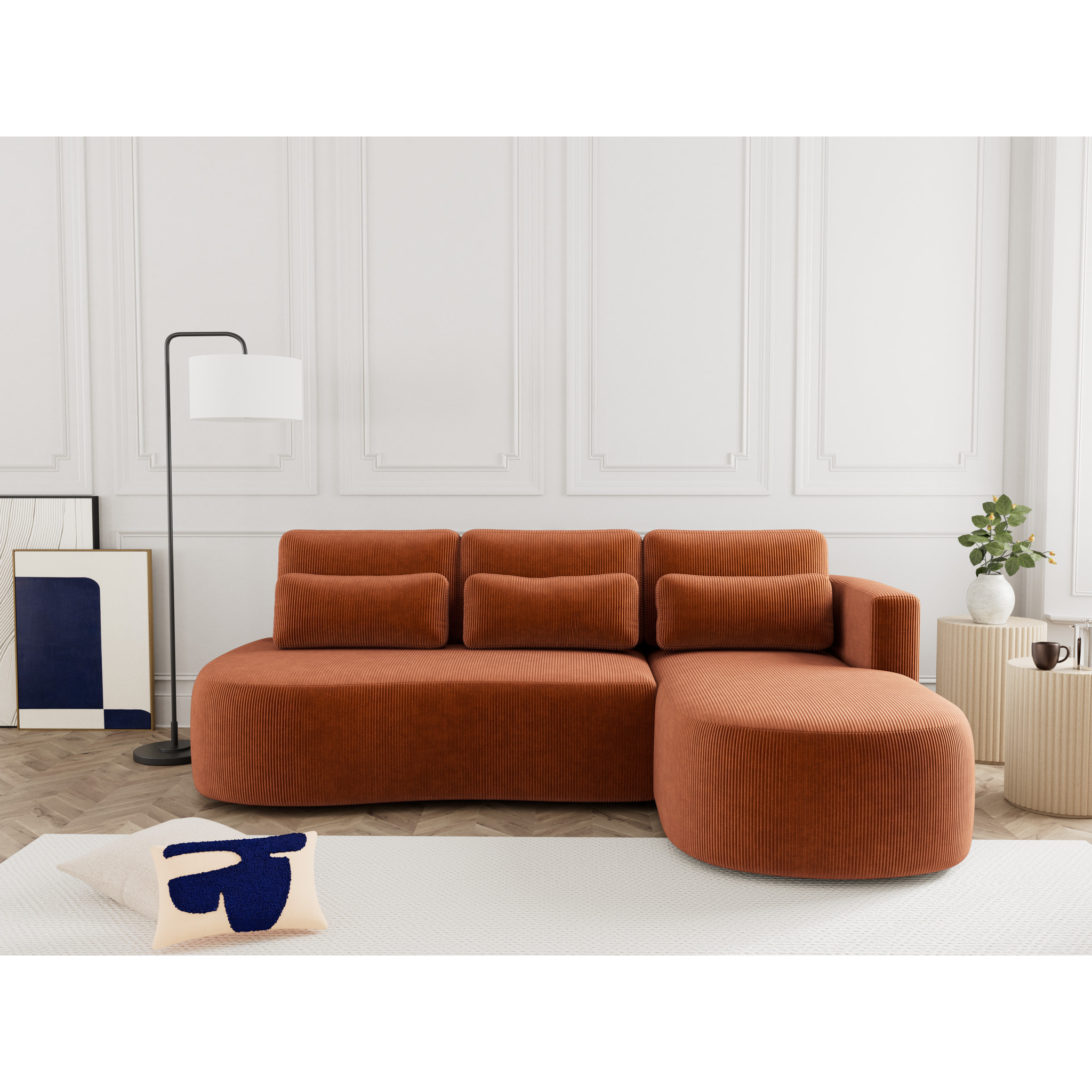 Mahina - canapé d'angle droit 4 places convertible avec coffre en velours côtelé - Terracotta