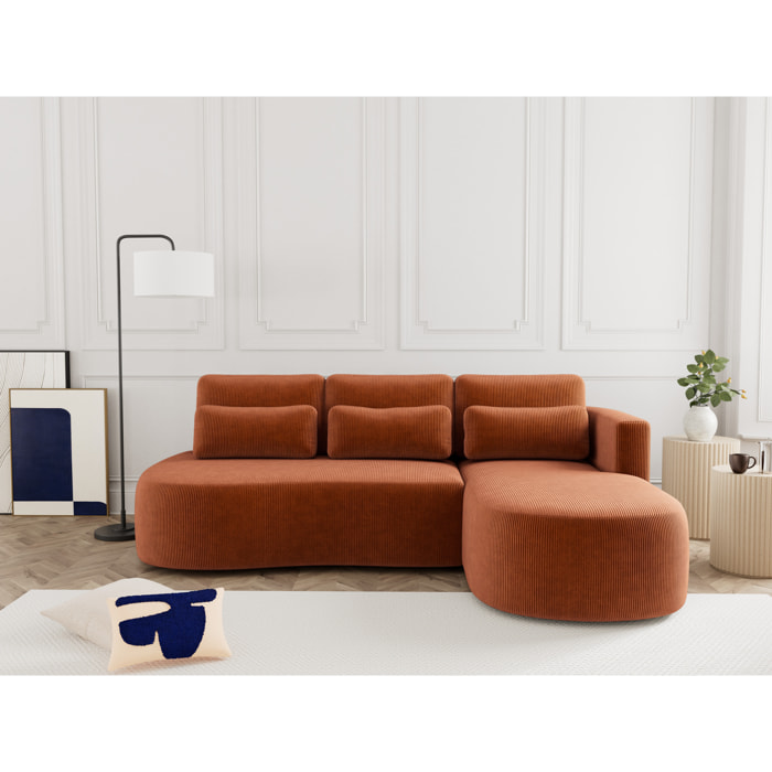 Mahina - canapé d'angle droit 4 places convertible avec coffre en velours côtelé - Terracotta