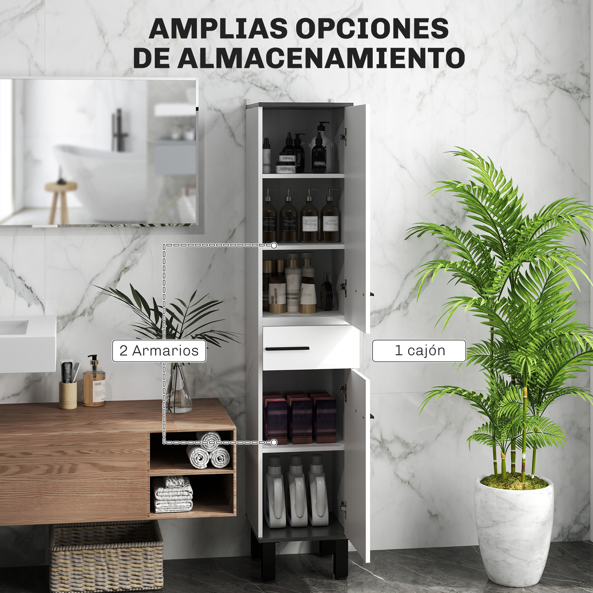Columna de Baño Armario Alto de Baño con Cajón 2 Puertas y Estantes Ajustable Mueble Auxiliar de Baño Moderno Anti-vuelco 34x32x170 cm Blanco