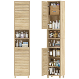 Armario de Baño Alto, Mueble Auxiliar de Baño Estrecho con Estantes Ajustables, Puertas de Lamas Apertura por Presión, Estantes Abiertos, para Espacios Pequeños, 34x23x170 cm, Natural