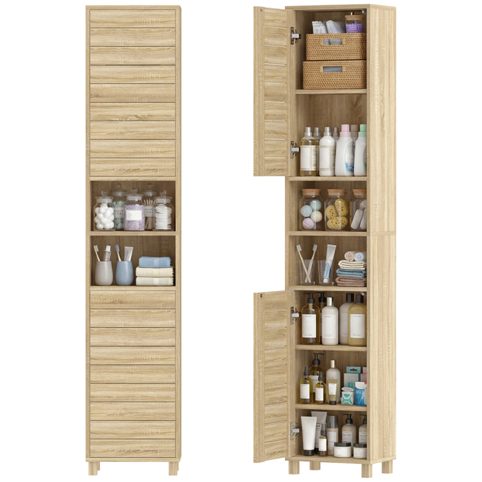 Armario de Baño Alto, Mueble Auxiliar de Baño Estrecho con Estantes Ajustables, Puertas de Lamas Apertura por Presión, Estantes Abiertos, para Espacios Pequeños, 34x23x170 cm, Natural