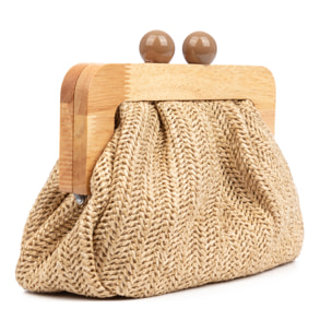 BeneLario Bolso bandolera Mujer. Tela con detalles de madera natural y piel sintética.