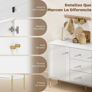 Aparador Moderno de 2 Puertas, Aparador de Salón con 3 Cajones, Estantes Ajustables, Encimera con Efecto Mármol, Patas de Acero, para Cocina, Entrada, Dormitorio, Blanco, 120x39,1x76 cm