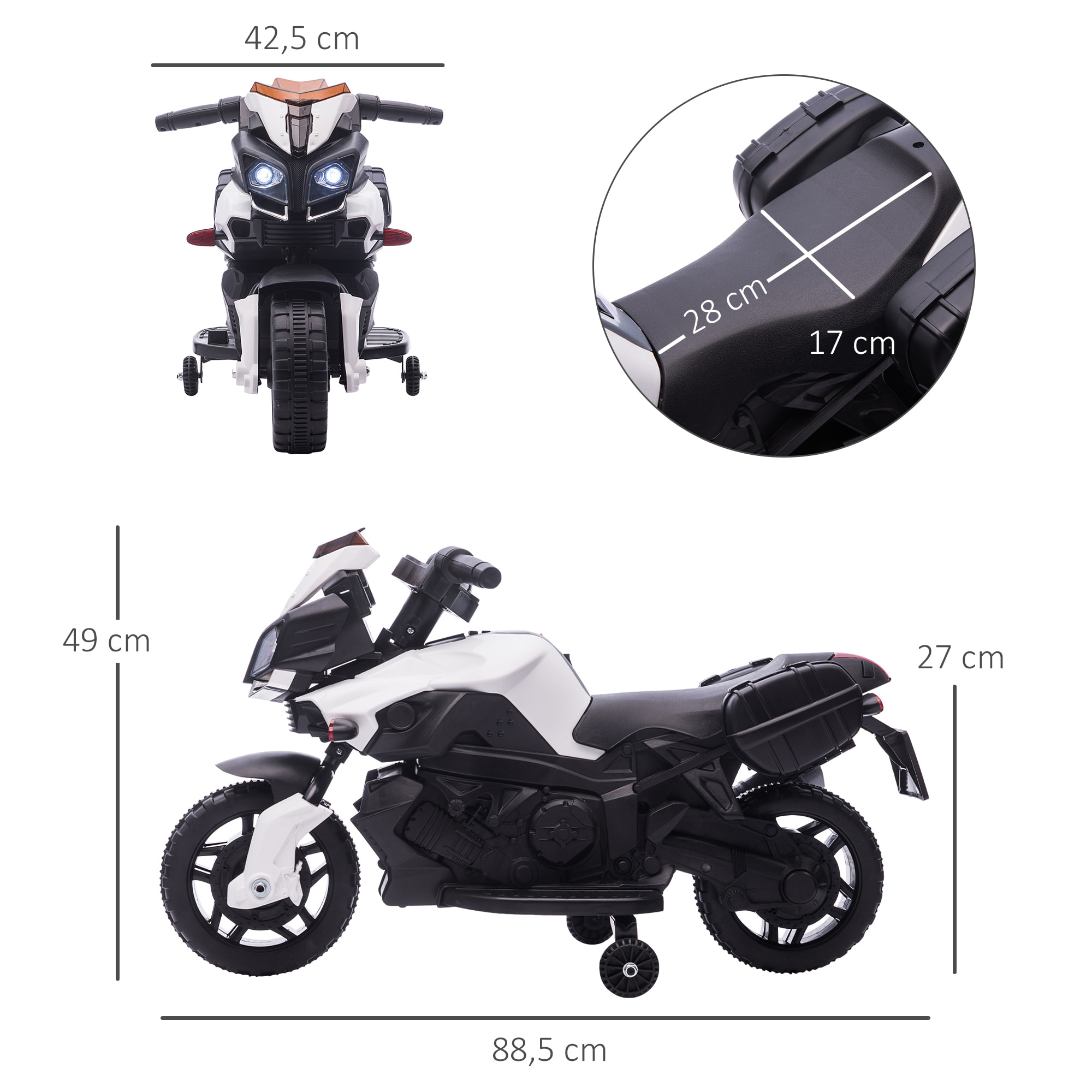 Moto Eléctrica para Niños 18-48 Meses 6V con Faros Bocina 88,5x42,5x49 cm Blanco