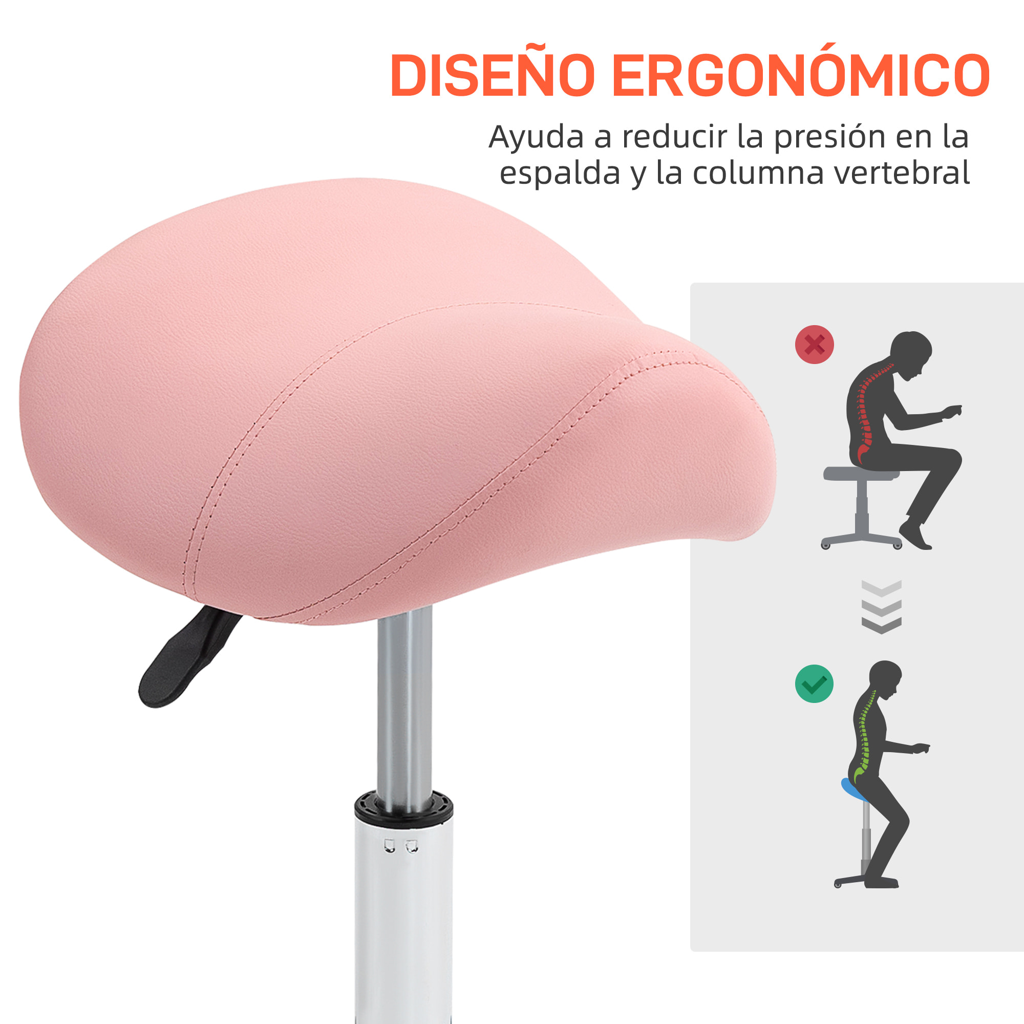 Taburete con Ruedas Taburete Giratorio Cosmético con Altura Ajustable Asiento Acolchado y Amplio Dentista Peluquería Carga 120 kg 52x53x49-61 cm Rosa