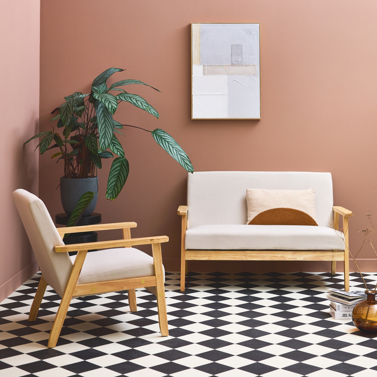 Banquette 2 places + fauteuil 1 place bois d'hévéa velours côtelé ISAK
