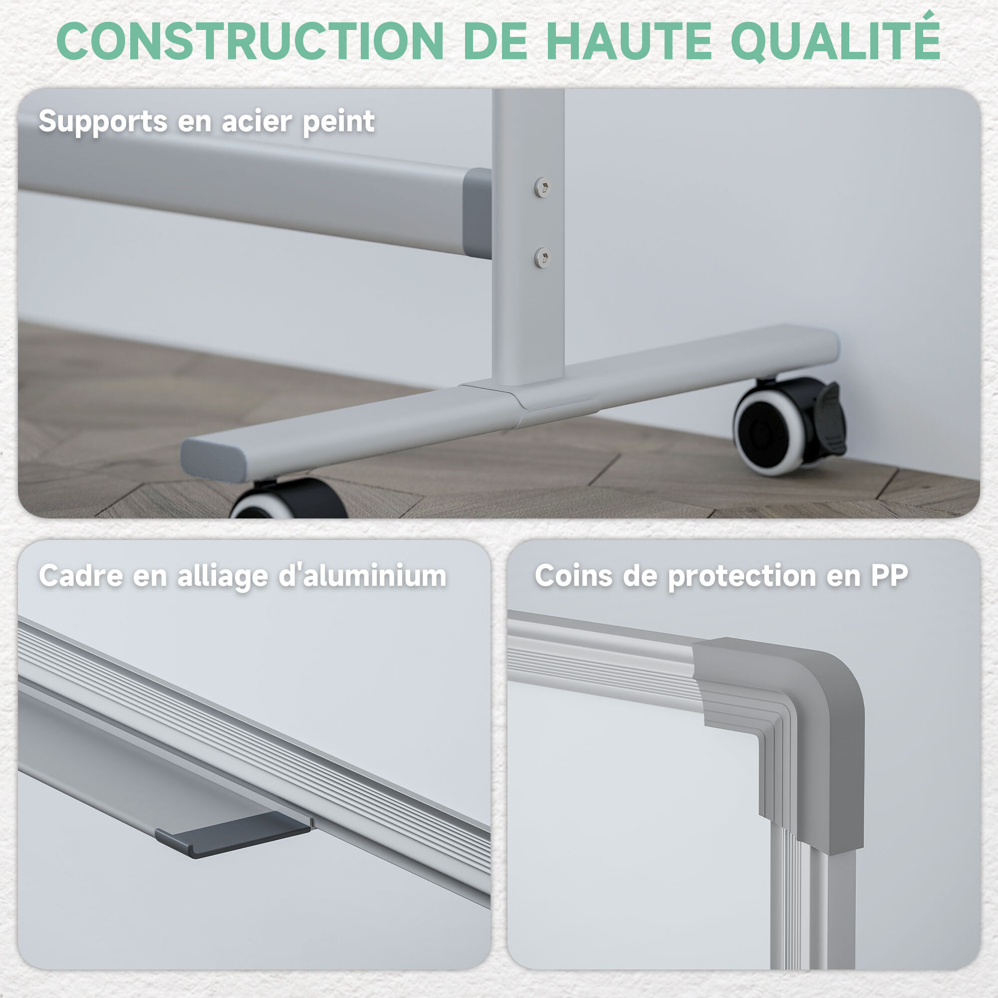 Tableau blanc magnétique sur roulettes double face - tableau rotatif avec étagère - nombreux accessoires inclus