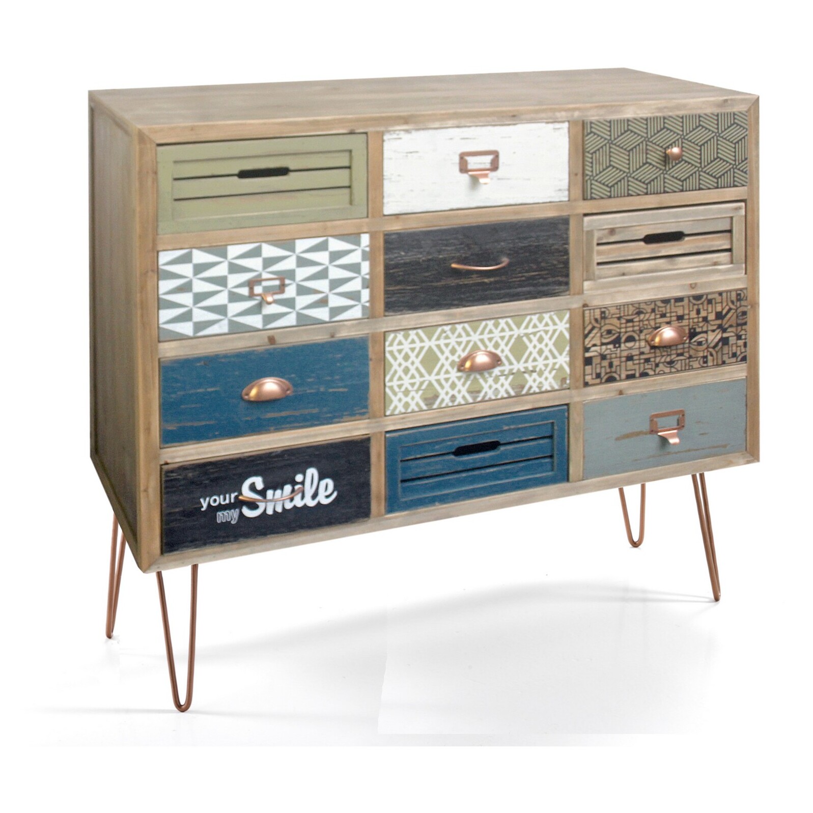 Commode à 12 tiroirs Tomasucci KIJO, en acier et bois, camel, 113 × 40 × 95 cm