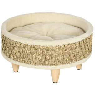 Canapé panier lit chien chat style cosy naturel - coussin inclus - dim. Ø 48 x 24,5H cm - bois pin jonc de mer