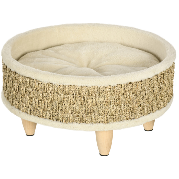 Canapé panier lit chien chat style cosy naturel - coussin inclus - dim. Ø 48 x 24,5H cm - bois pin jonc de mer