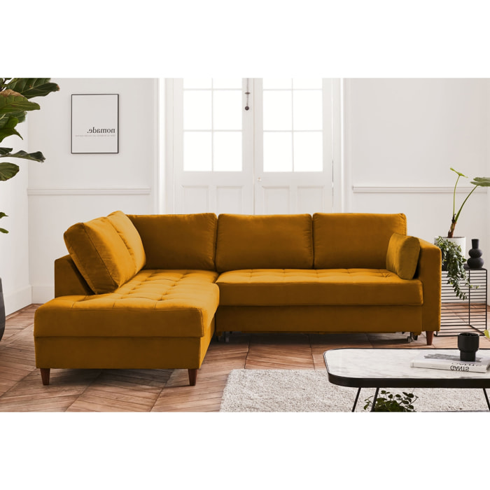 Anna - canapé d'angle gauche - 5 places - convertible - en velours - Jaune