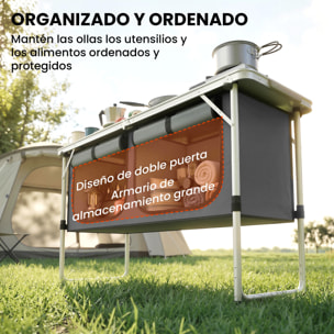 Mesa de Cocina de Camping Plegable, Mueble de Cocina de Camping Portátil con Armario de Tela Oxford, Marco de Aluminio, para Picnic, BBQ y Actividades al Aire Libre, 120x47x70 cm, Plateado