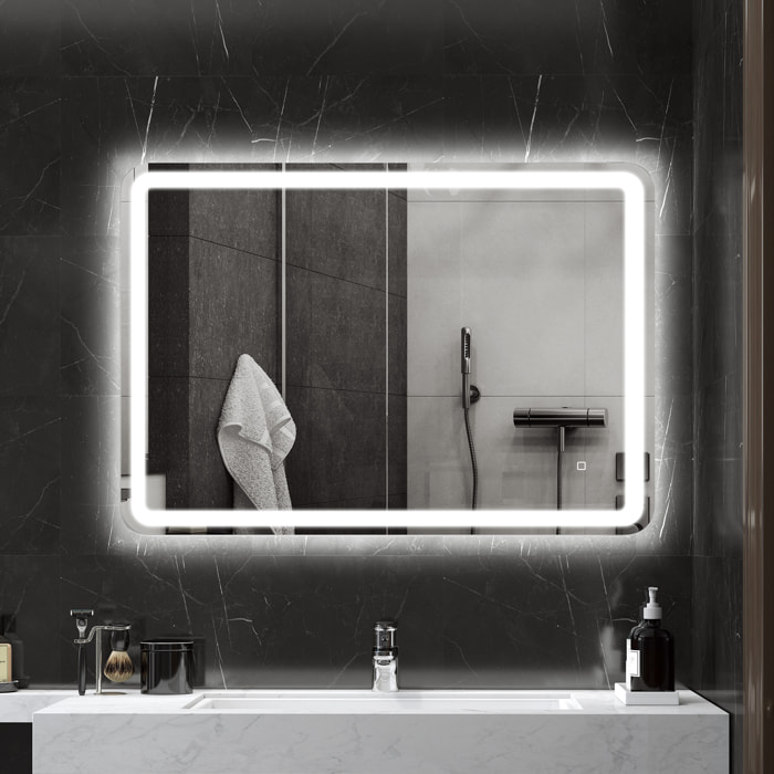 Espejo de Baño con Luces LED, 70x100 cm, Espejo de Pared, 3 Colores de Luz, Brillo Regulable, Función Antivaho, Función de Memoria, Interruptor Táctil, IP44, Horizontal/Vertical