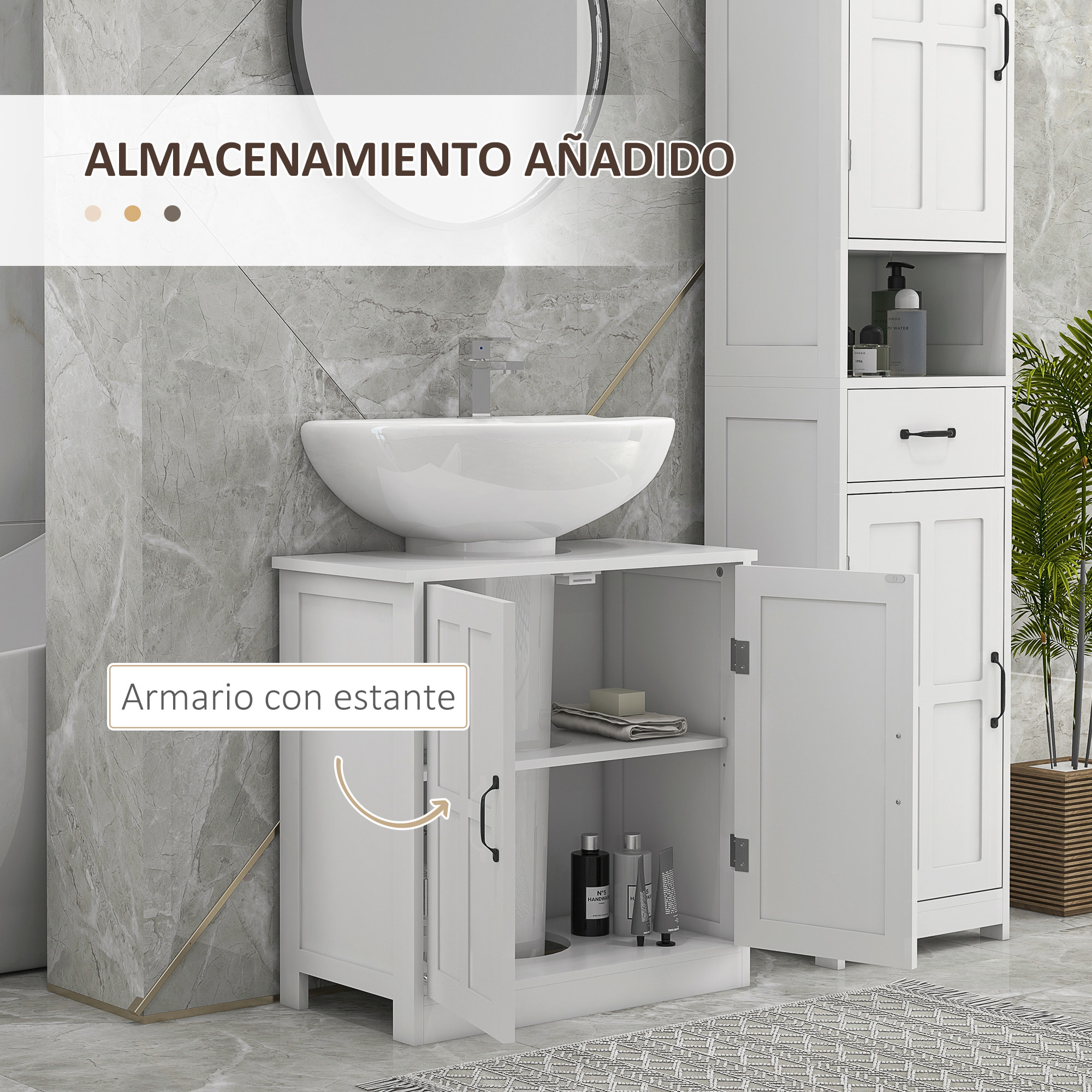 kleankin Mueble para Debajo del Lavabo Armario de Baño Bajo Lavabo con Puerta Doble y Estante Ajustable Carga 20 kg 60x30x60 cm Blanco