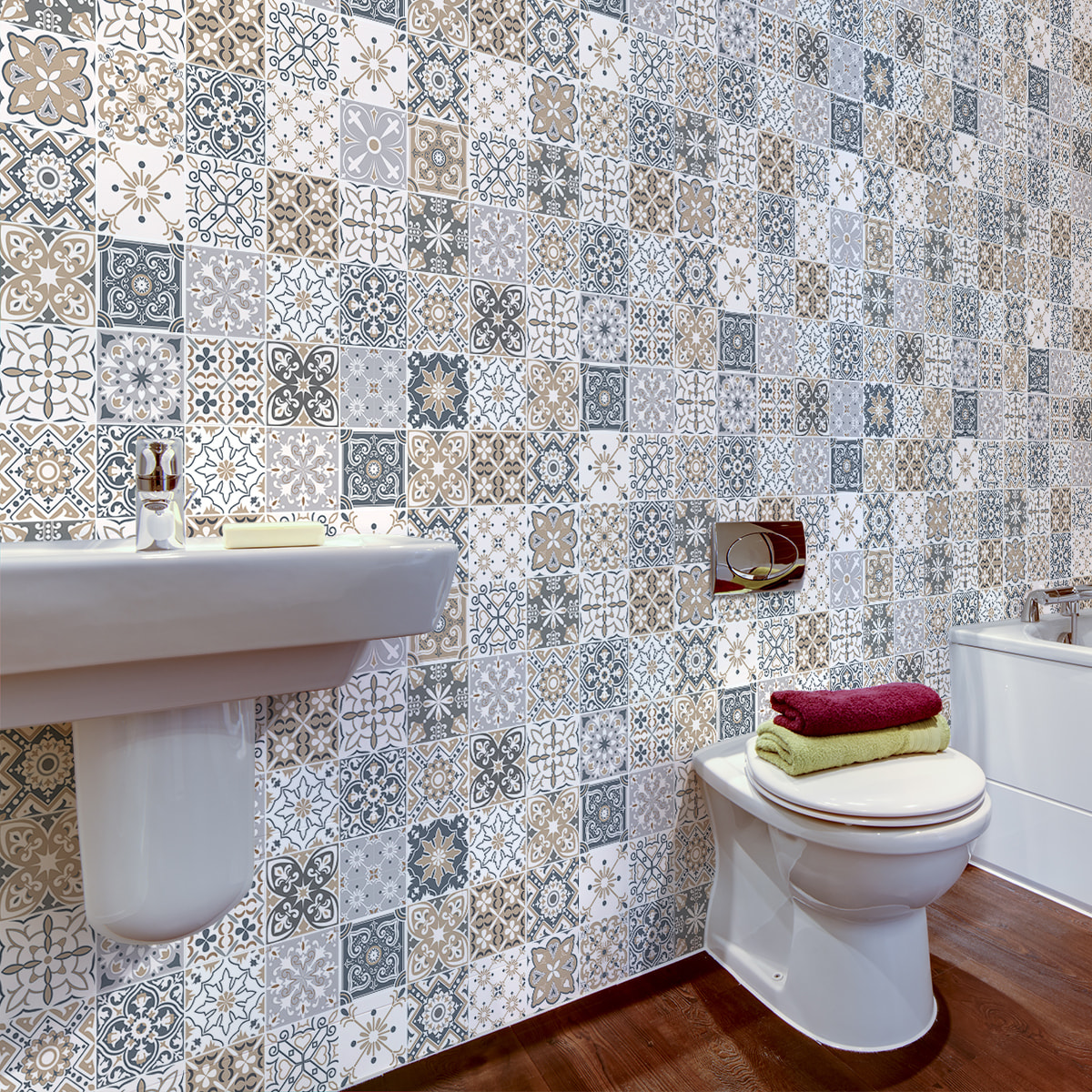 Stickers muraux - Sticker Mural Carrelage adhésif Cuisine Salle de Bain - 60 STICKERS CARREAUX DE CIMENT SIRTORI