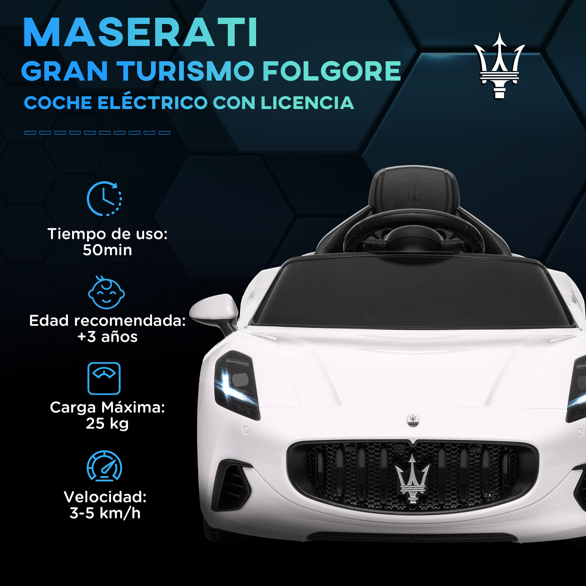 Coche Eléctrico para Niños de +3 Años Maserati Gran Turismo Folgore Coche Eléctrico con Batería 12V Mando a Distancia Faros Bocina y Música MP3 Blanco