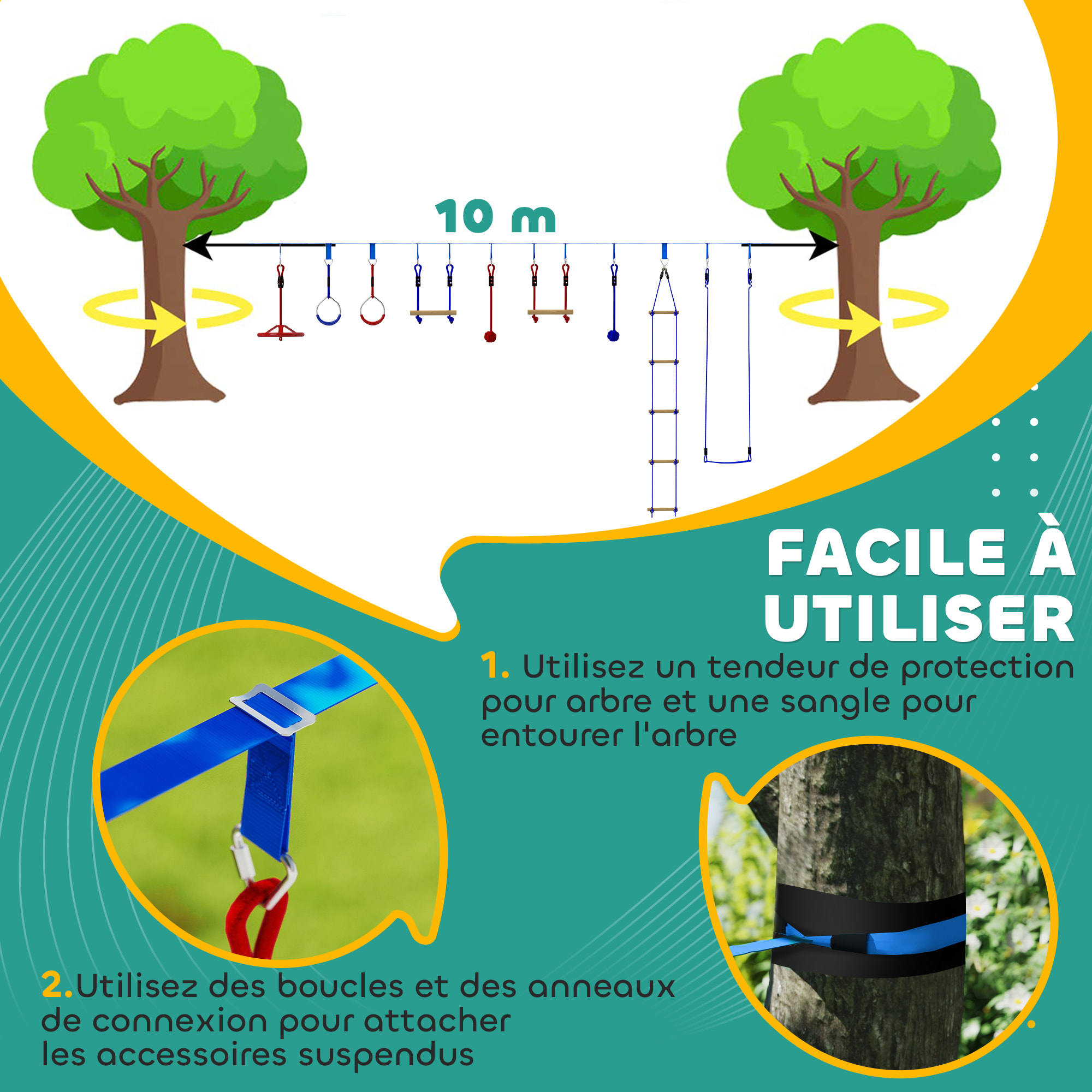 Parcours d'obstacles ninja enfant 10m 10 accessoires max. 50Kg - slackline, sac transport - rouge bleu