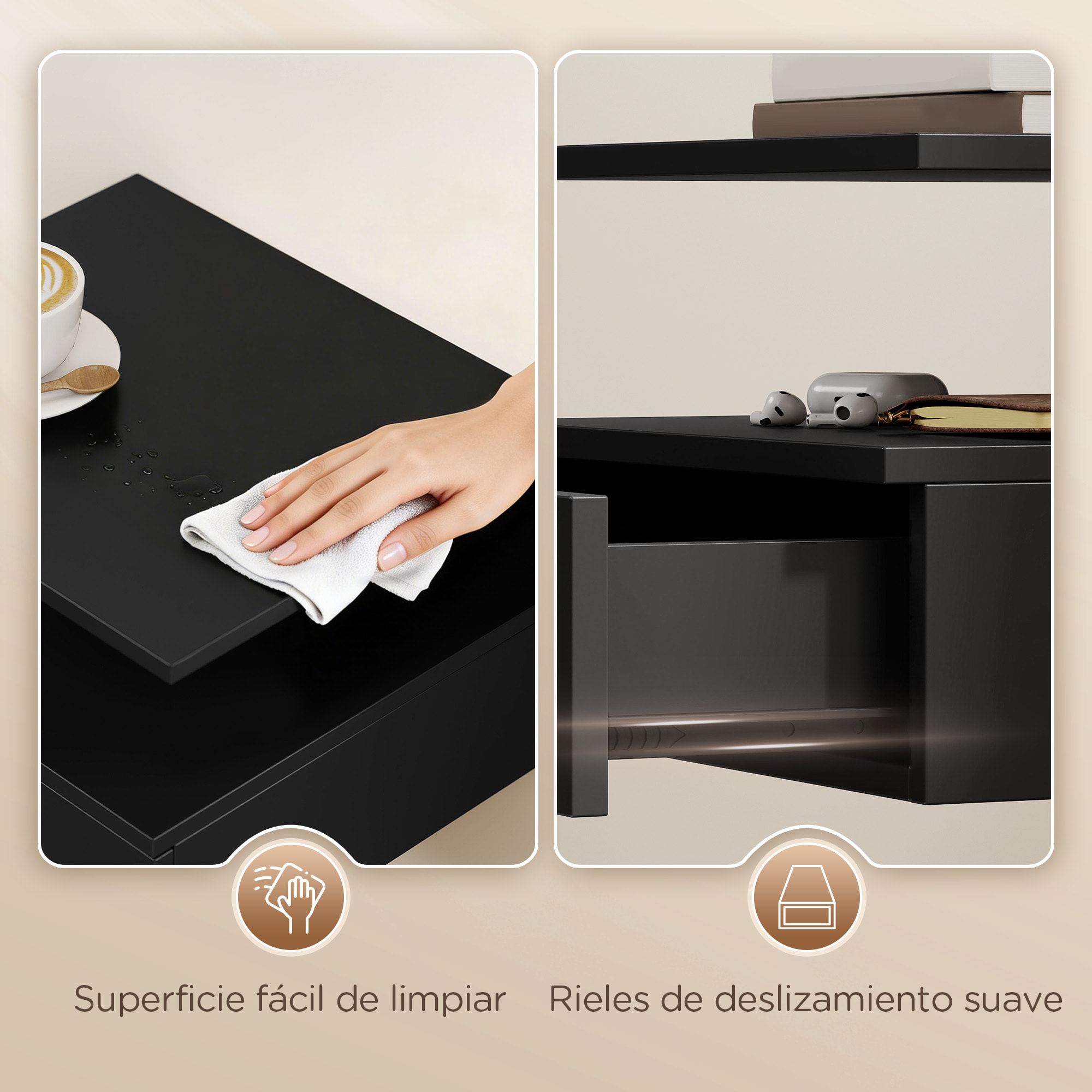 Juego de 2 Mesitas de Noche Flotantes con Cajón, Mesillas de Noche Dormitorio, Montado en la Pared, Estilo Moderno, para Sala de Estar, 35x32x22,5 cm, Negro