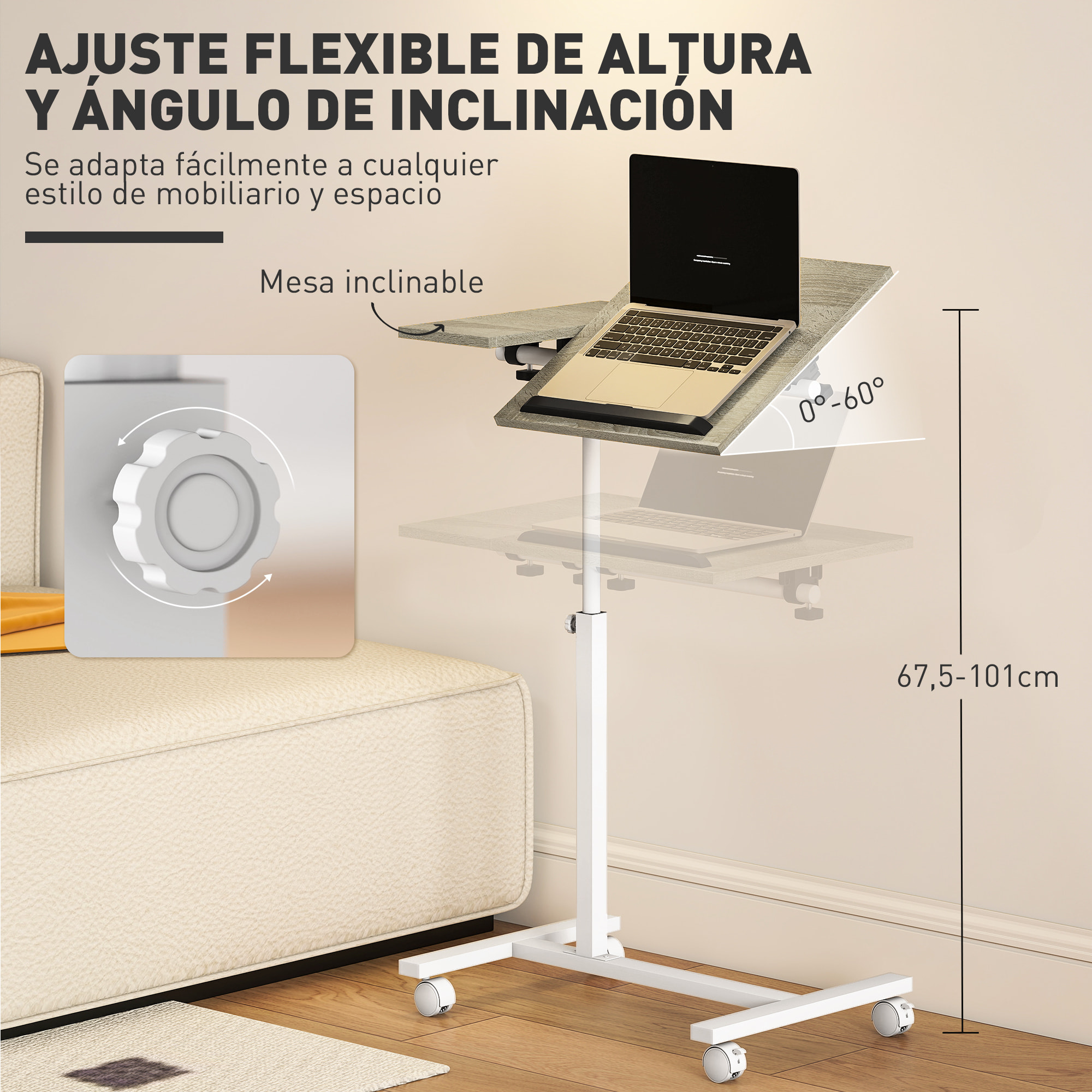 Mesa Auxiliar con Ruedas Mesa para Sofá con Altura Ajustable Superficie Inclinable y Marco de Metal para Dormitorio Salón Oficina 57x40x67,5-101 cm Roble y Blanco