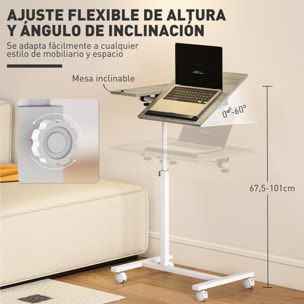 Mesa Auxiliar con Ruedas Mesa para Sofá con Altura Ajustable Superficie Inclinable y Marco de Metal para Dormitorio Salón Oficina 57x40x67,5-101 cm Roble y Blanco